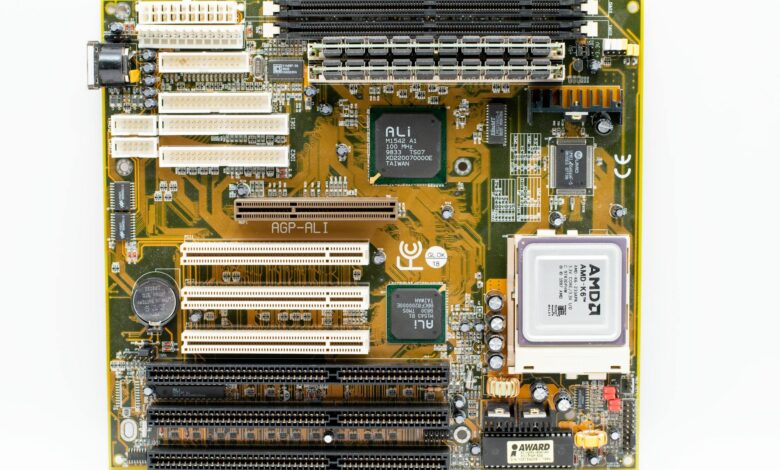 Close-up view of advanced computer chips and semiconductors on circuit board