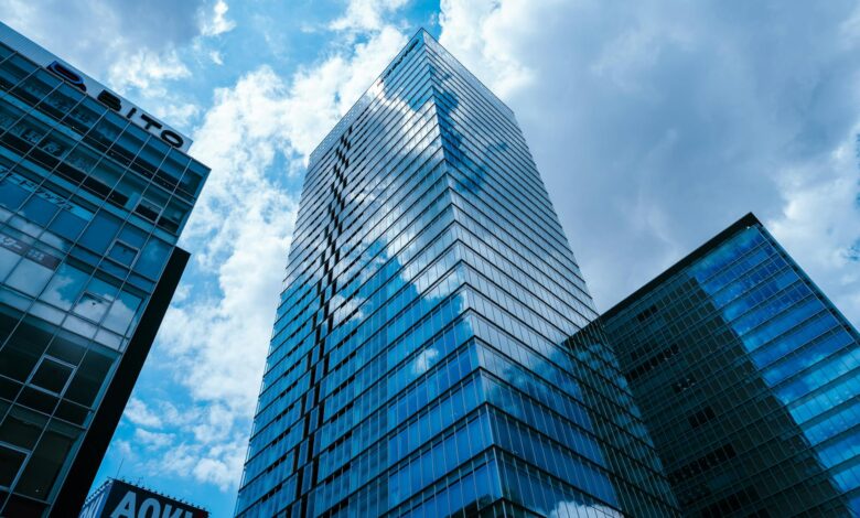 Modern Japanese government office building with clean architectural lines and glass facade