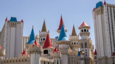 Fairy tale castle at theme park with blue sky background