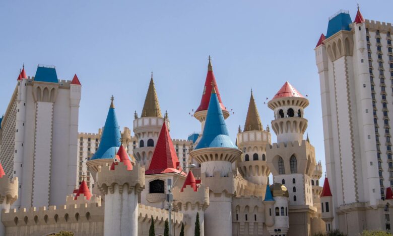 Fairy tale castle at theme park with blue sky background