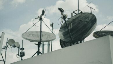Large satellite dish pointing toward the sky for space communications