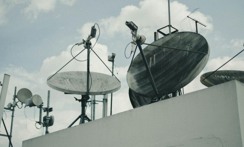 Large satellite dish pointing toward the sky for space communications