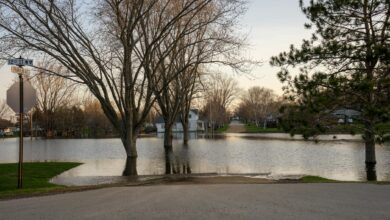 Flooded residential area with water covering streets and reaching building foundations