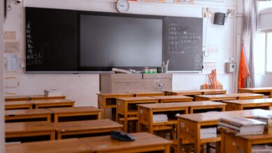 Empty classroom with desks and chairs showing the impact of heat-related school closures
