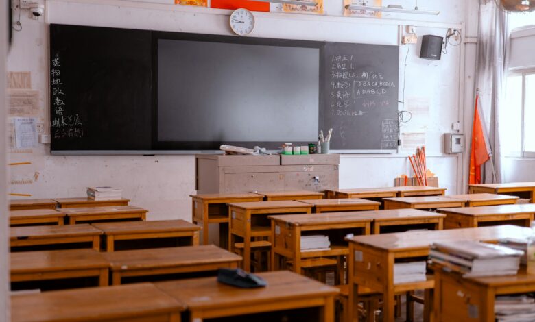Empty classroom with desks and chairs showing the impact of heat-related school closures
