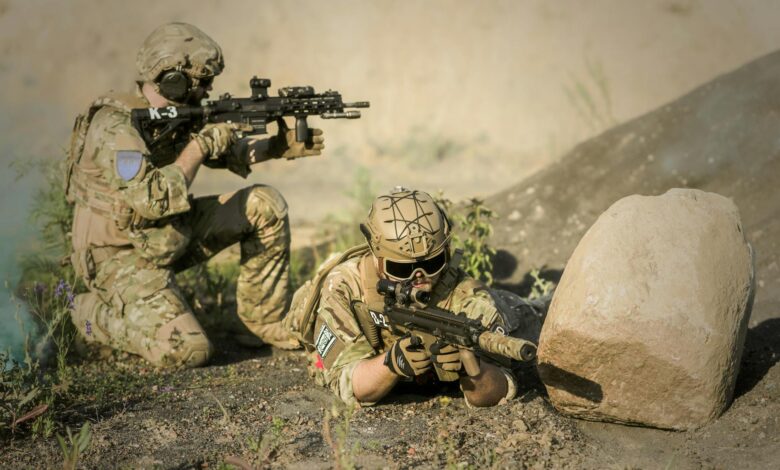 Soldiers participating in military training exercises and drills