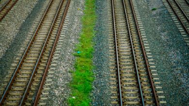 Railroad tracks stretching into the distance through rural landscape