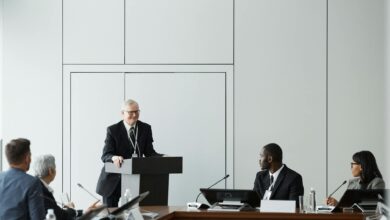 Political podium with microphones at campaign event venue