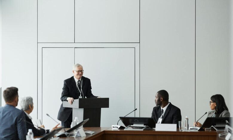 Political podium with microphones at campaign event venue