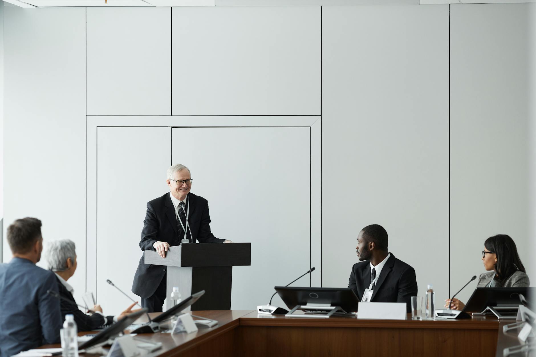Political podium with microphones at campaign event venue