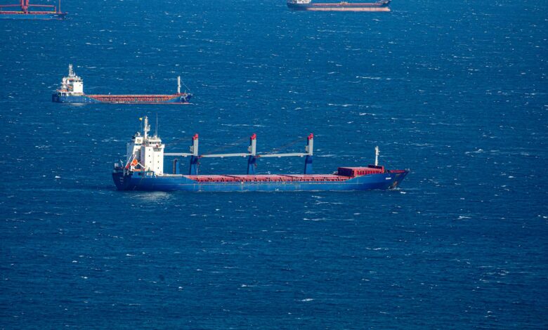Large cargo ships navigating through a busy maritime shipping channel