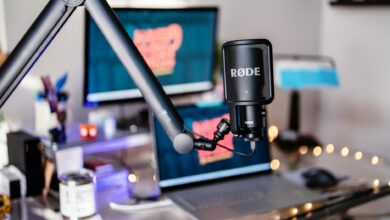 Professional podcast microphone setup in recording studio environment