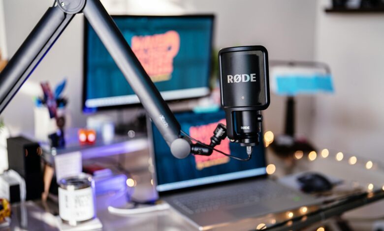 Professional podcast microphone setup in recording studio environment