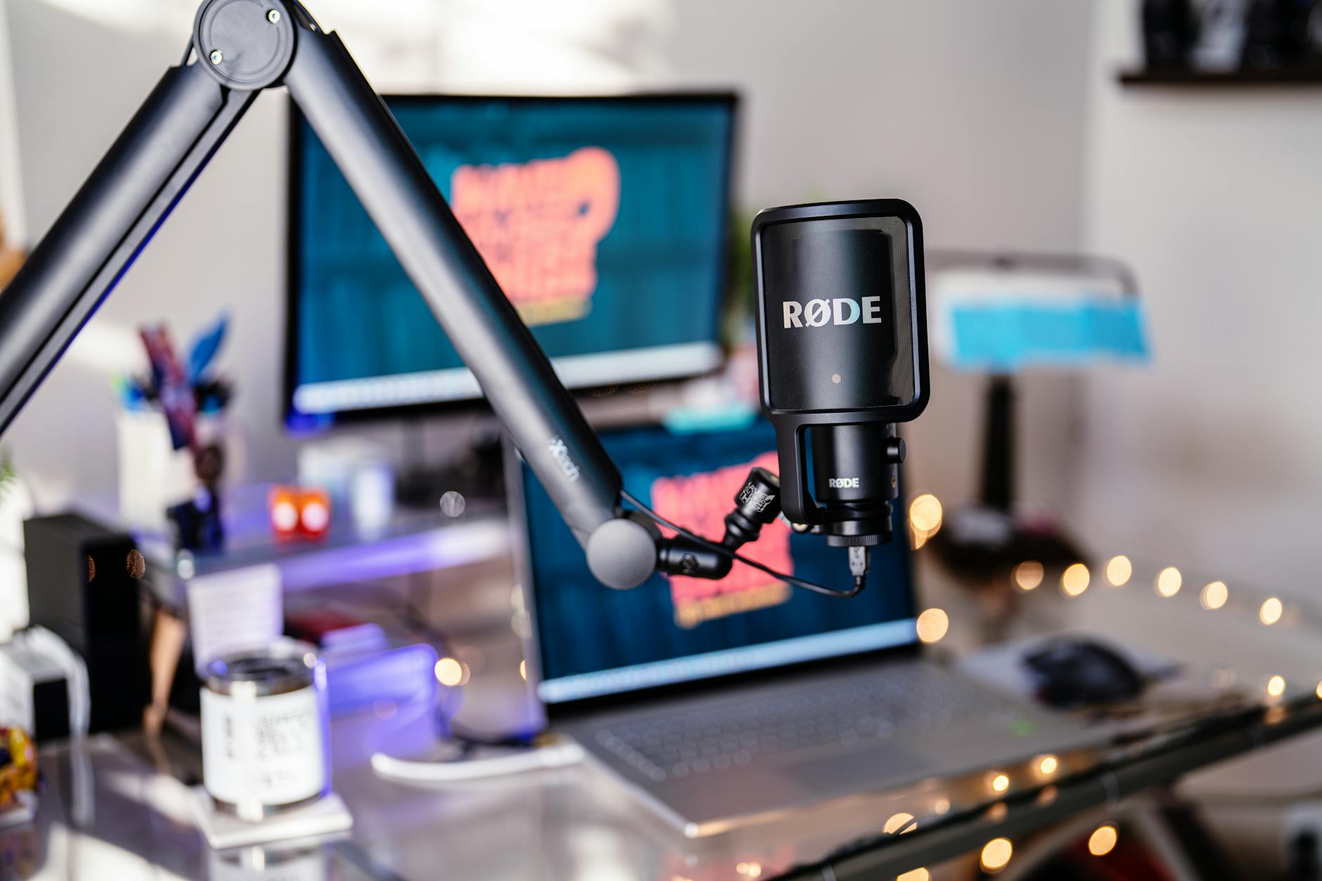 Professional podcast microphone setup in recording studio environment