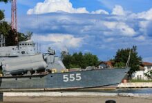 Naval vessel conducting operations at sea during military exercise