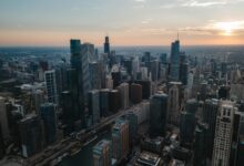 Aerial view of New Zealand urban cityscape showing residential and commercial buildings