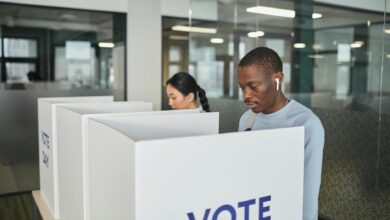 Person casting ballot at voting station during election