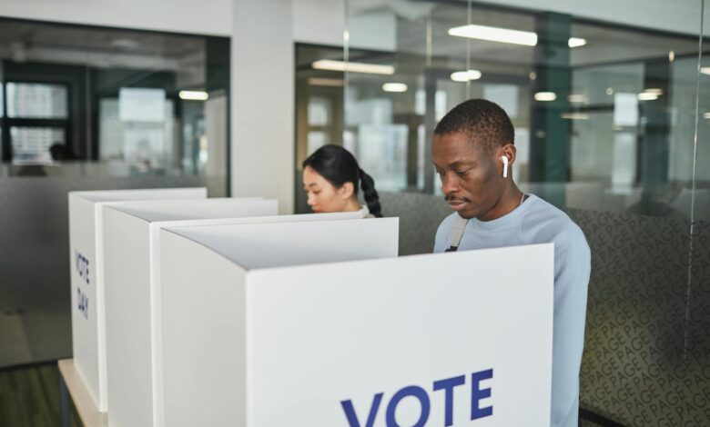 Person casting ballot at voting station during election