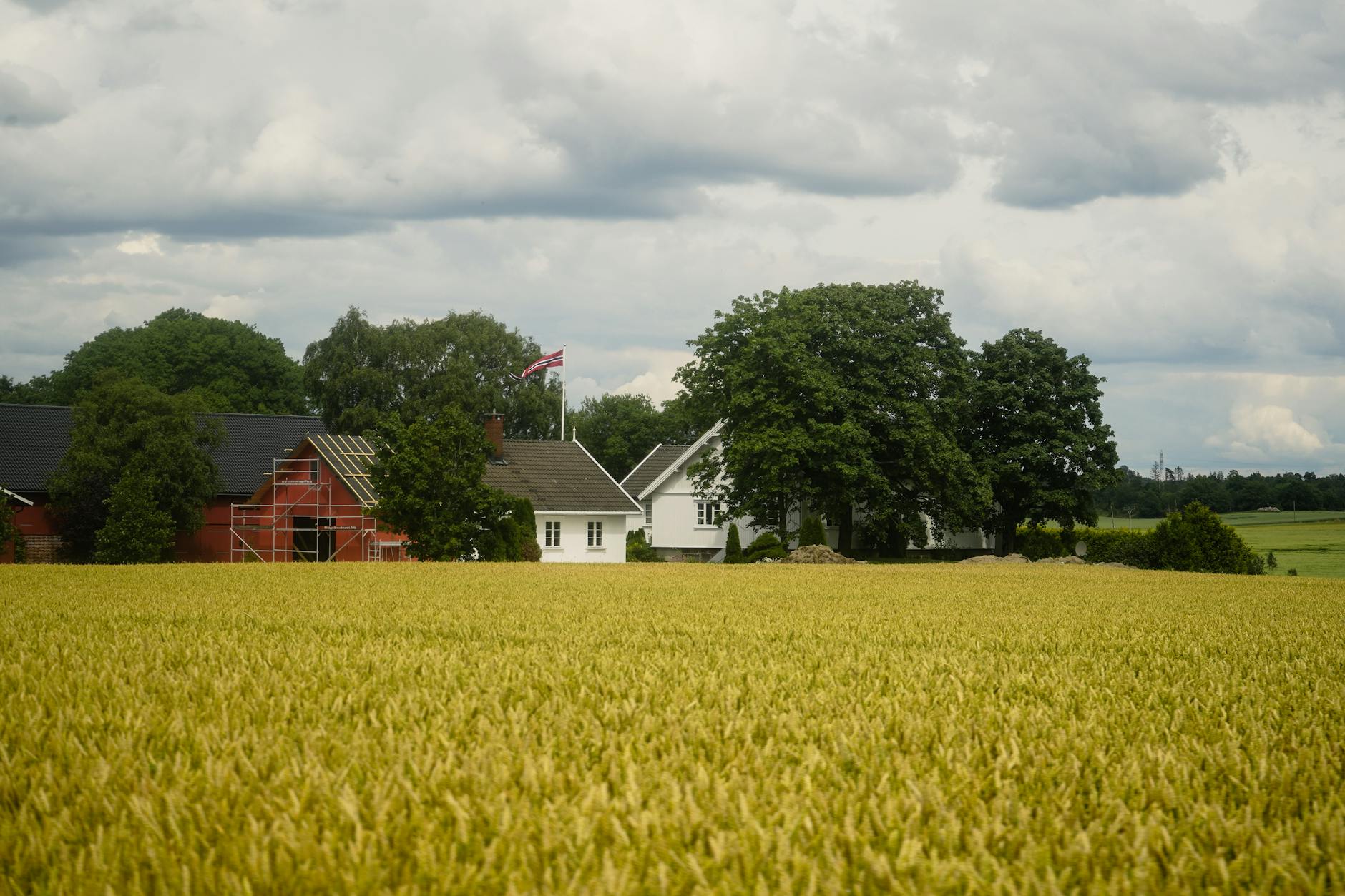 Traditional farmhouse in rural community with open fields and country road