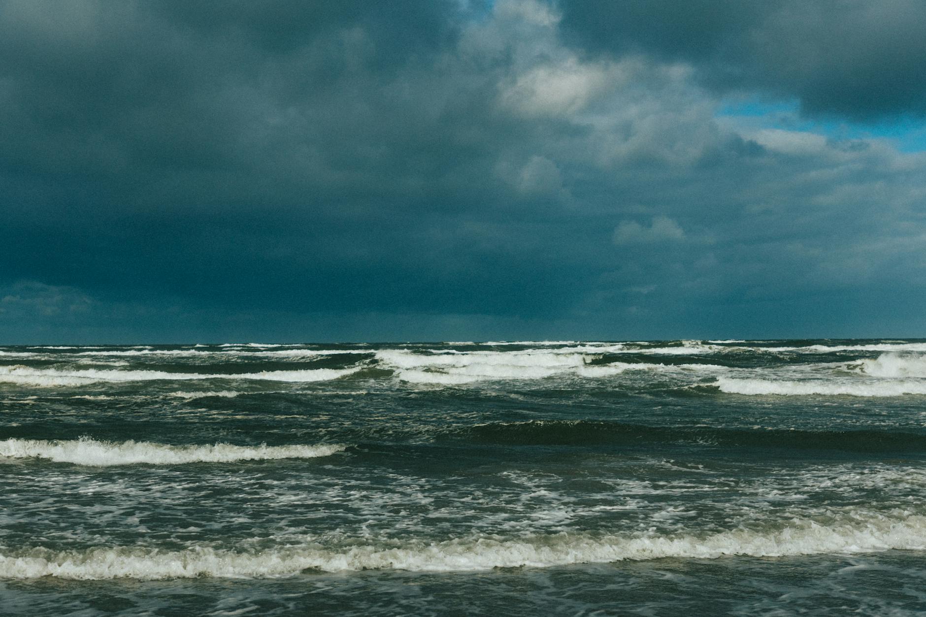 Rough seas with large waves during severe weather conditions