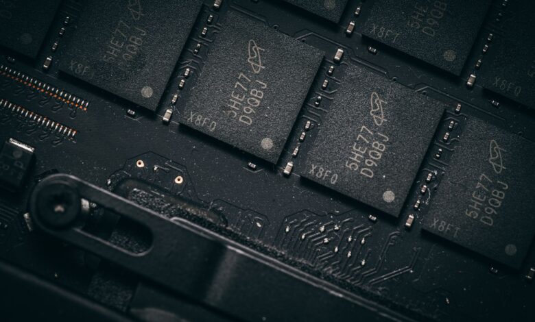 Close-up of advanced semiconductor chips on a circuit board