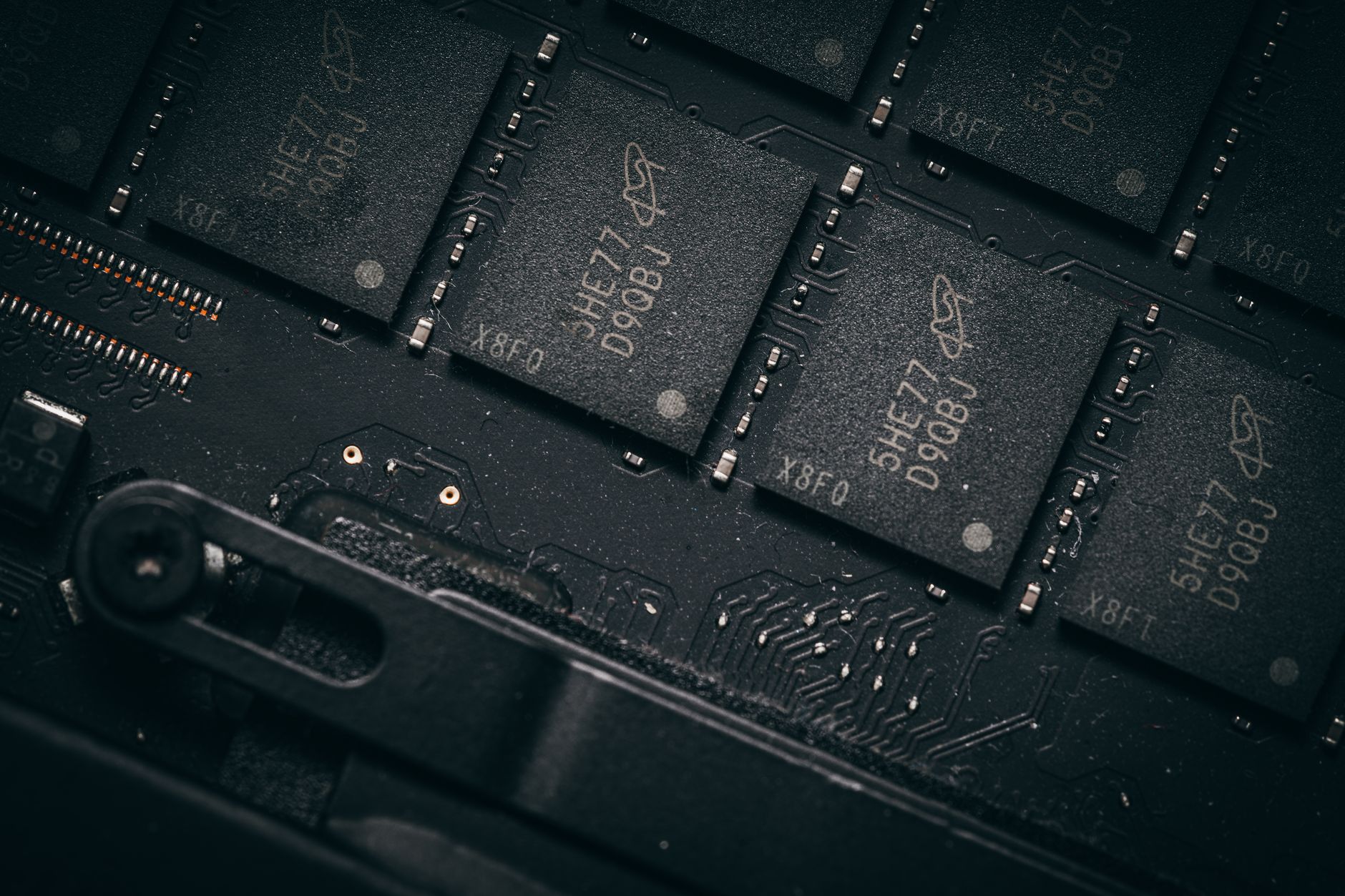 Close-up of advanced semiconductor chips on a circuit board