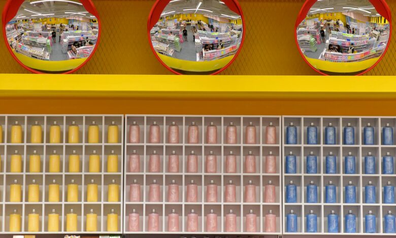 Wide view of a warehouse grocery store aisle stocked with bulk private label products