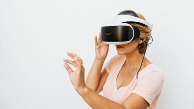 Person wearing a virtual reality headset in a modern setting