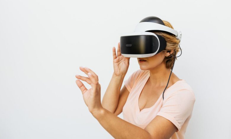 Person wearing a virtual reality headset in a modern setting