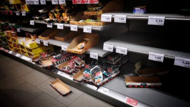 Rows of packaged food products on supermarket shelves representing large consumer brand portfolios