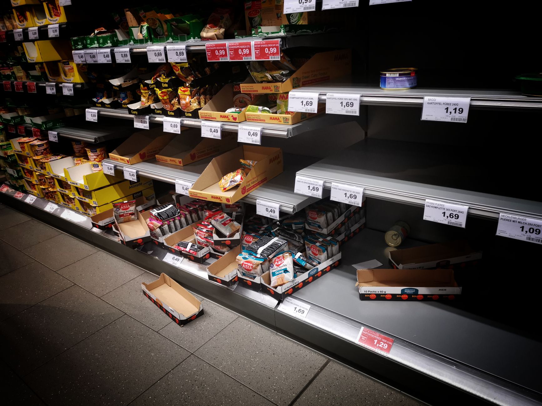 Rows of packaged food products on supermarket shelves representing large consumer brand portfolios