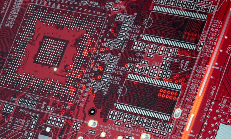 Inside view of a modern semiconductor chip manufacturing facility with clean room equipment