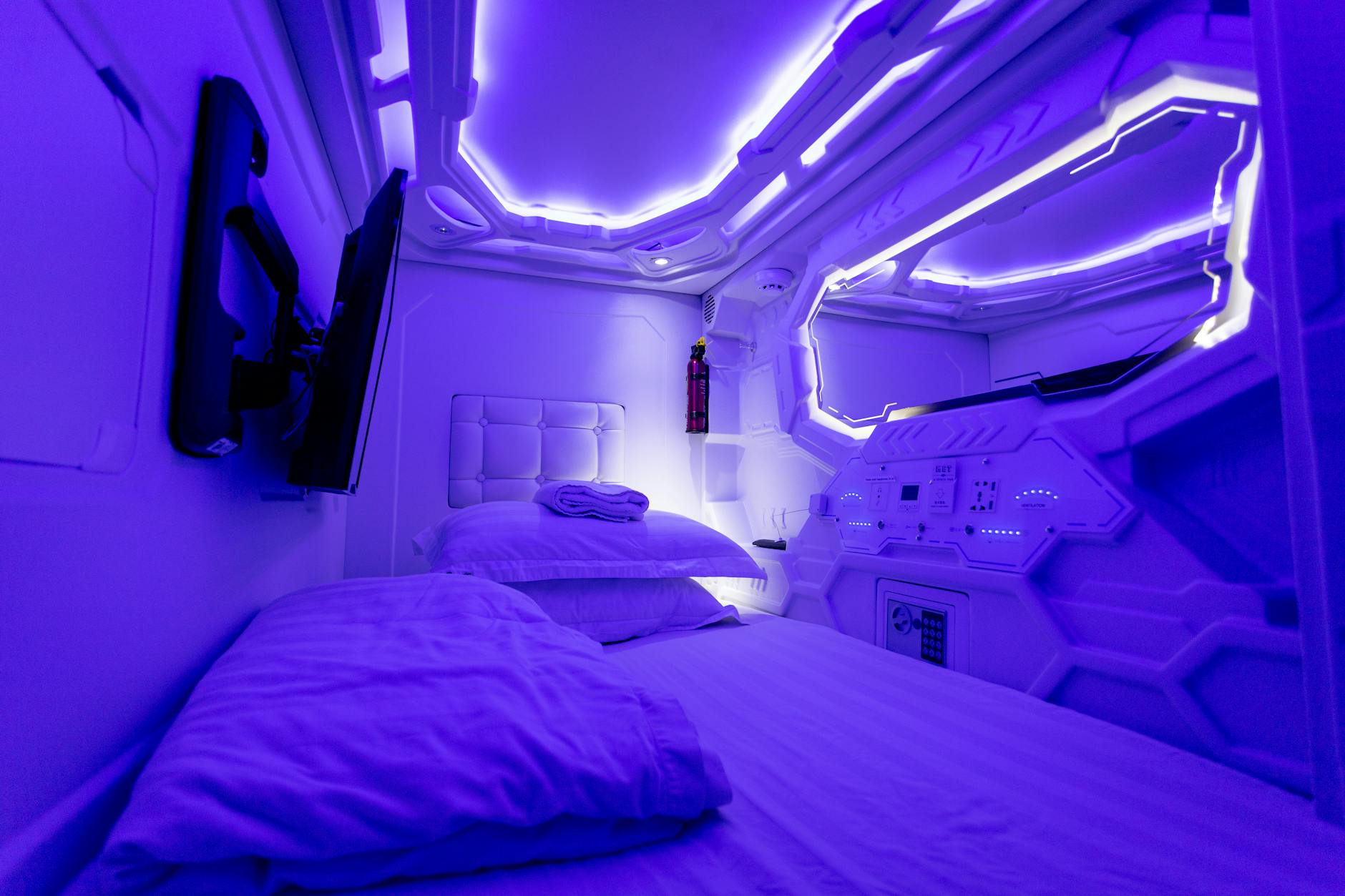 Interior of a space capsule illustrating crew transport conditions aboard NASA missions