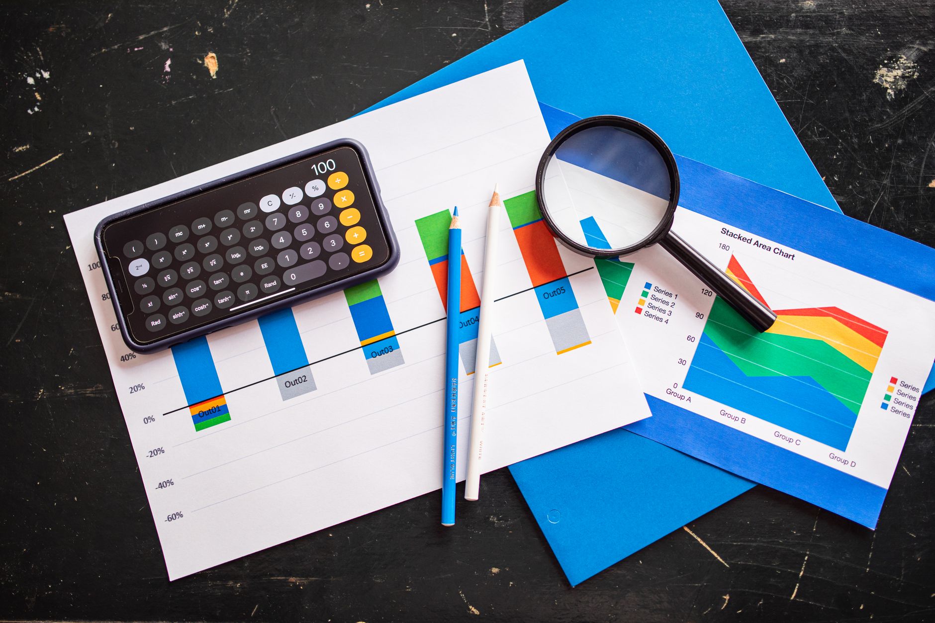Financial data charts and graphs displayed on screen