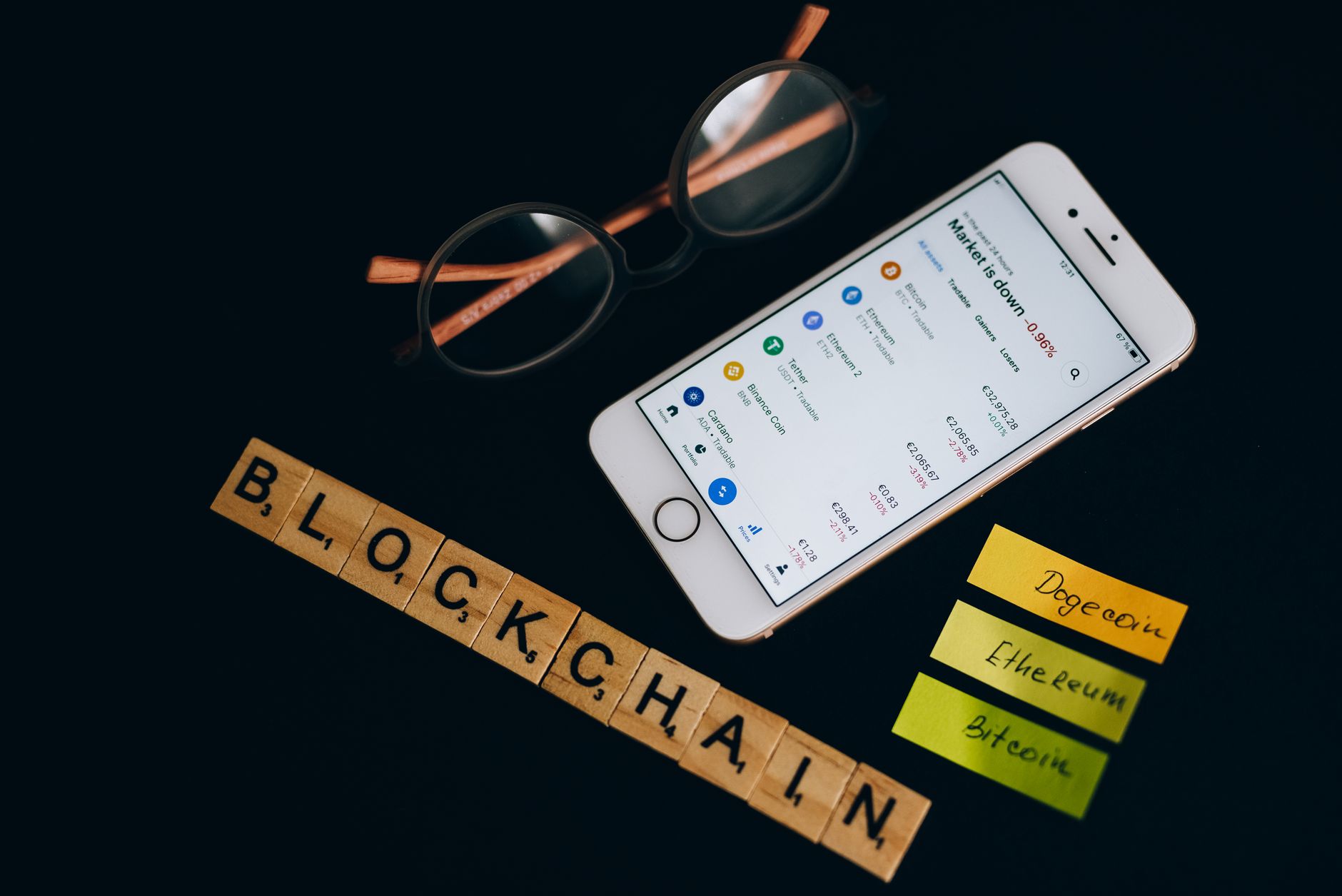 Digital representation of cryptocurrency coins and blockchain technology