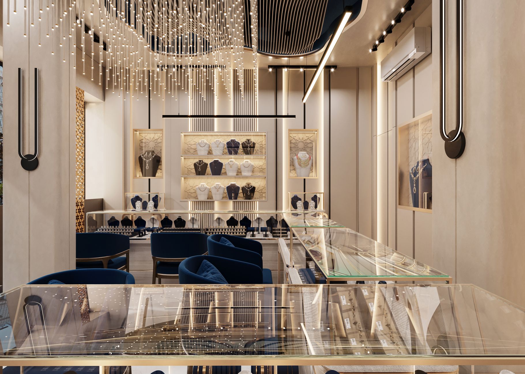 Interior of a high-end watch boutique with illuminated display cases