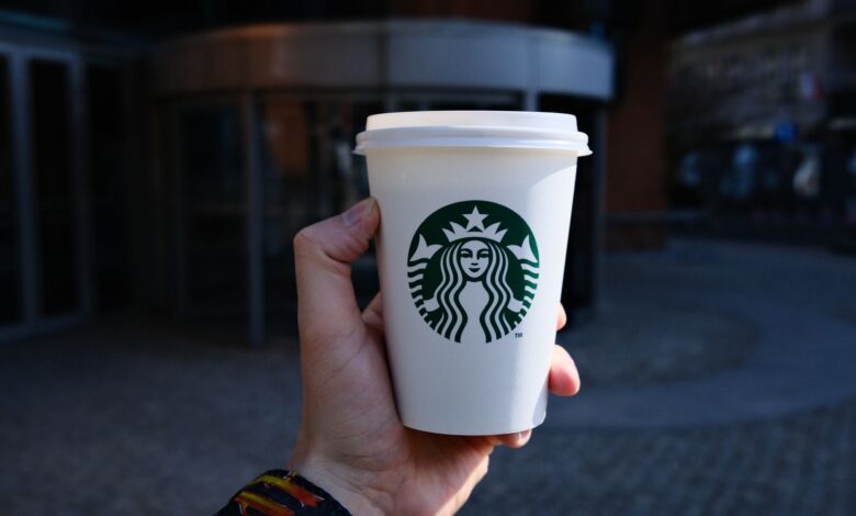 Starbucks barista preparing drinks at a busy coffee counter