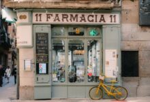 Exterior of a retail pharmacy storefront on a city street corner