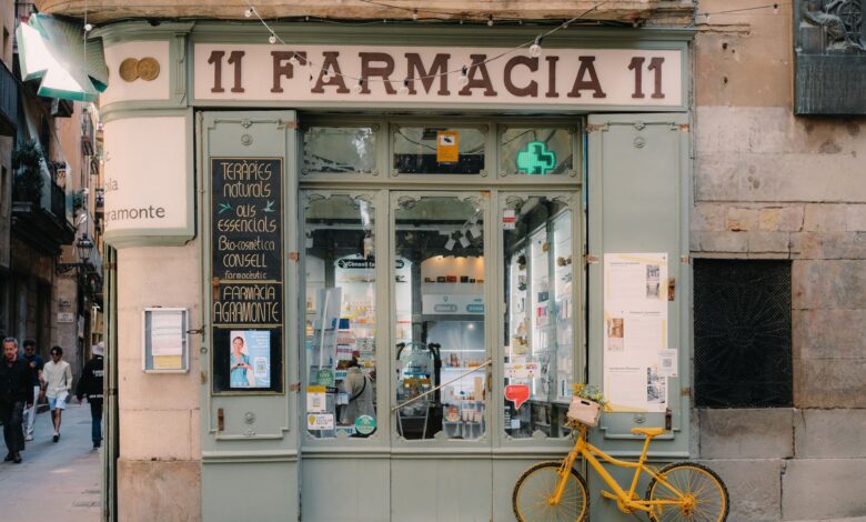 Exterior of a retail pharmacy storefront on a city street corner