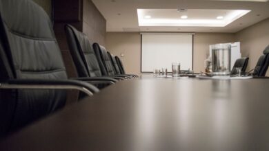Empty corporate boardroom with chairs around a long conference table