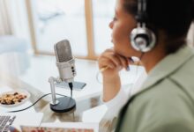 A professional podcast recording studio with microphones and audio equipment