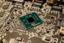 Close-up of a semiconductor microchip on a circuit board