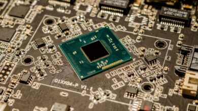 Close-up of a semiconductor microchip on a circuit board
