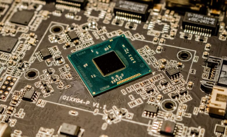 Close-up of a semiconductor microchip on a circuit board