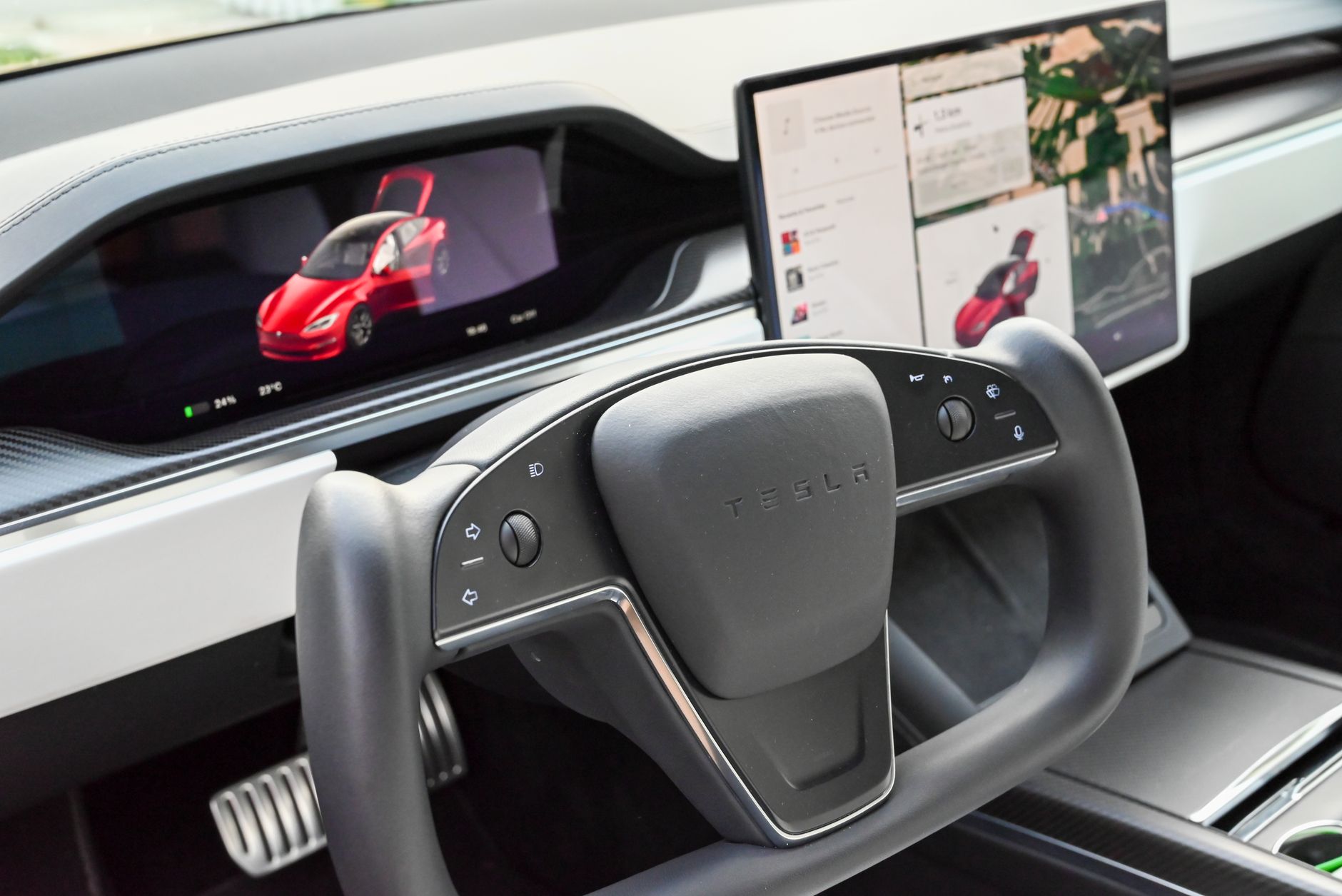 Interior of a modern electric vehicle with minimalist dashboard design