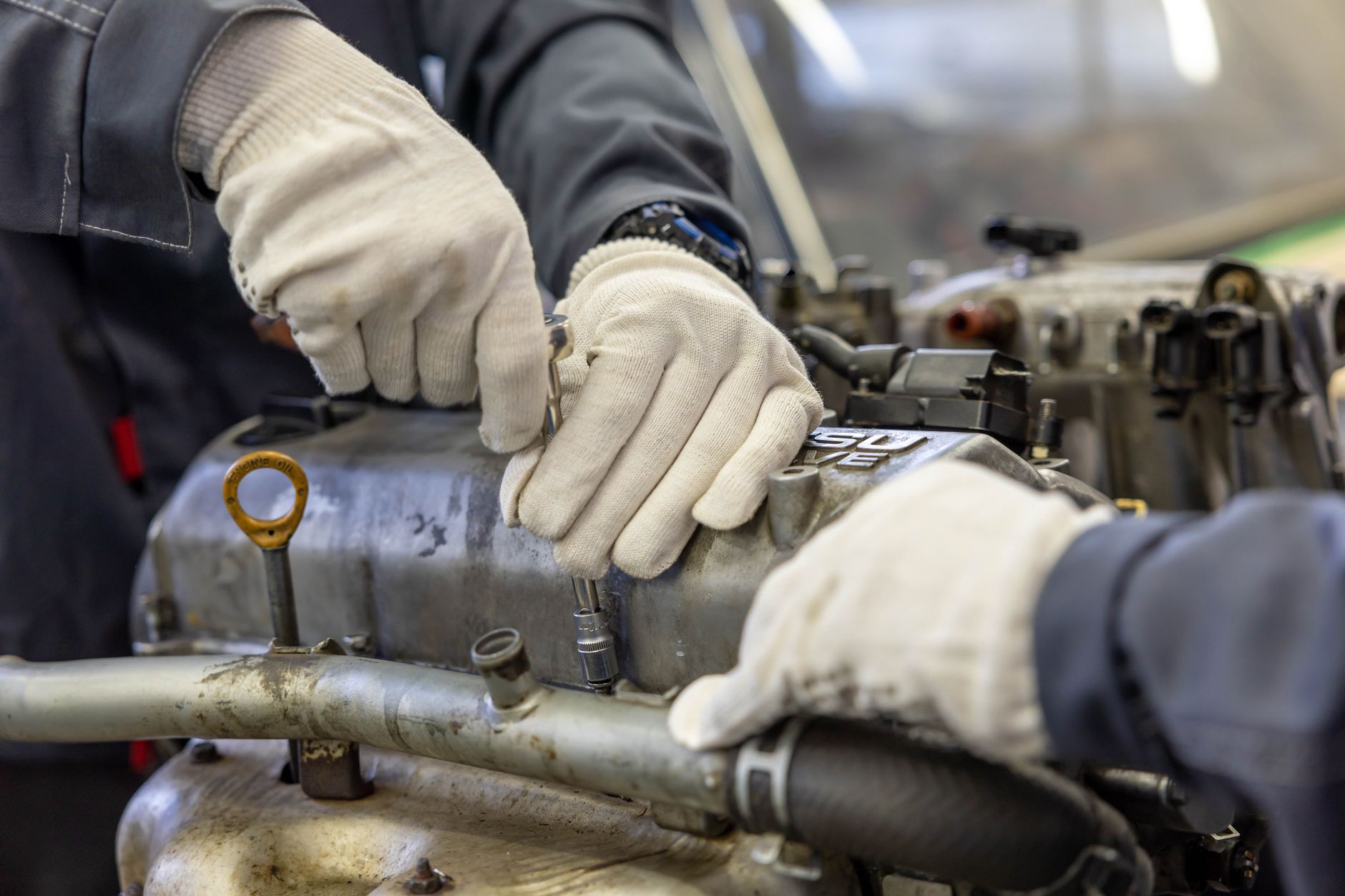Automotive industry workers on a car production line
