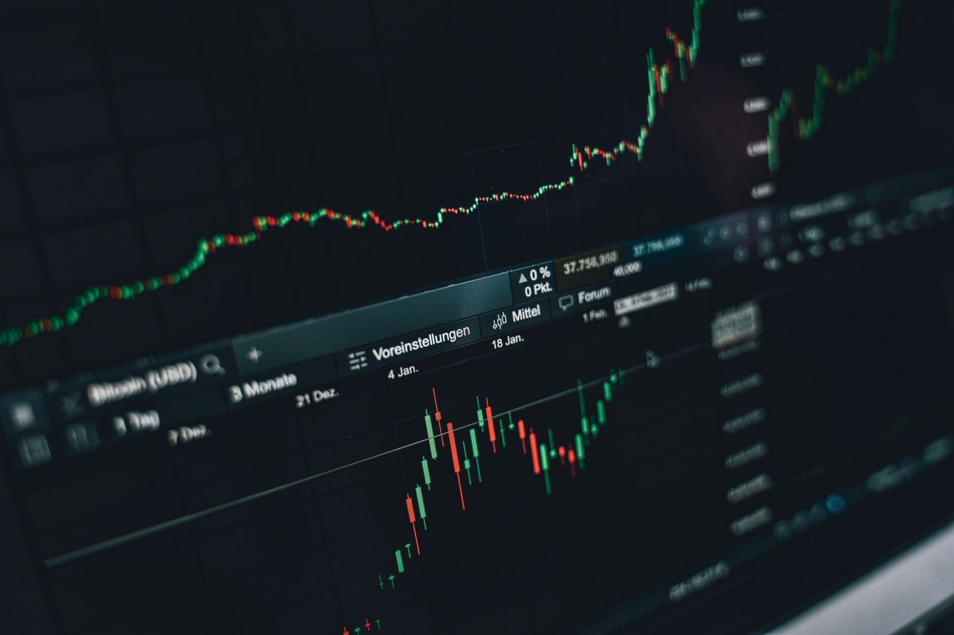 Financial screen displaying declining stock market figures and trading data