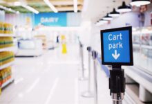 Wide retail store aisle with product shelves representing Walmart's physical store advertising advantage