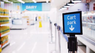 Wide retail store aisle with product shelves representing Walmart's physical store advertising advantage