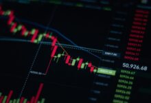 Stock market data displayed on a digital trading screen showing price fluctuations